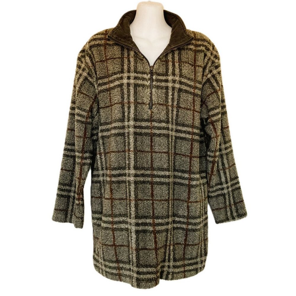 Sherpa Fleece Zip Neck Sweater Pockets Vintage 90s Green Plaid Oversized